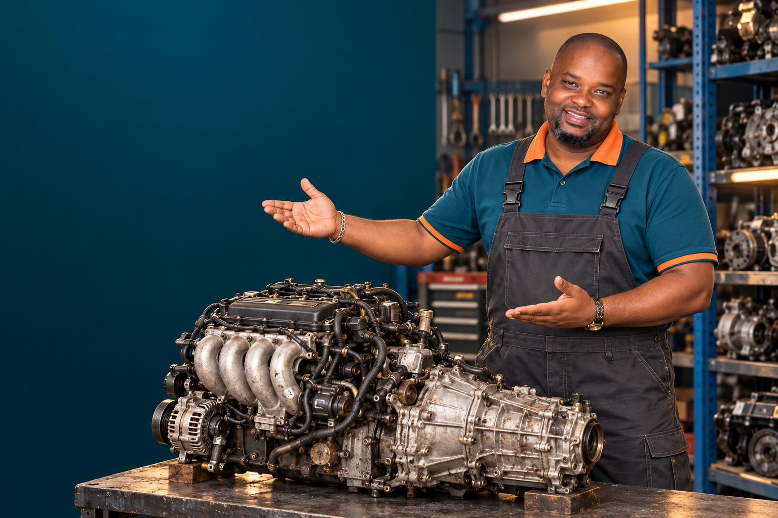 Illustrated friendly shopkeeper welcoming you beside mechanical parts